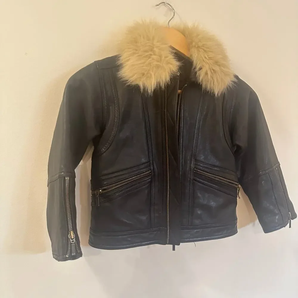 Black Leather Bomber Jacket sz S (5/6) Faux Fur Removable collar 100% leather